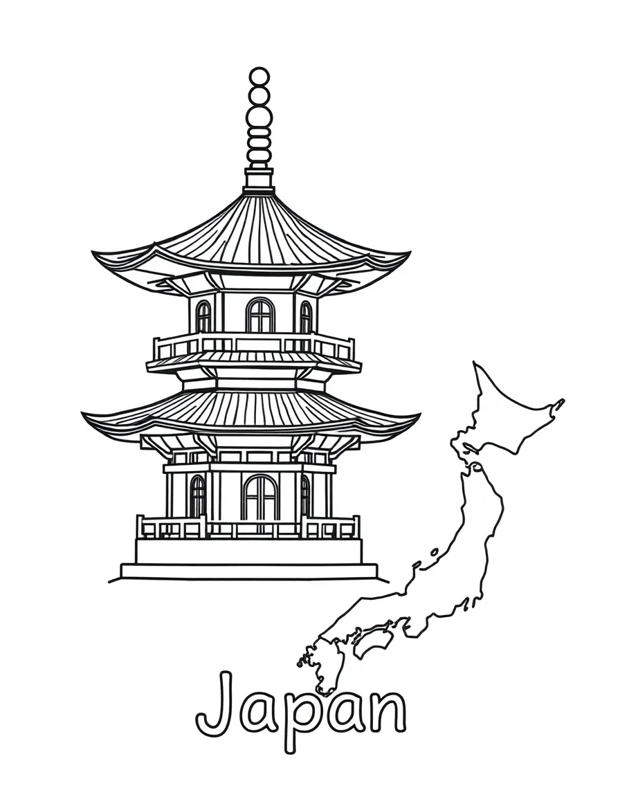 A happy pagoda, a simple outline map of Japan, and the word "Japan"