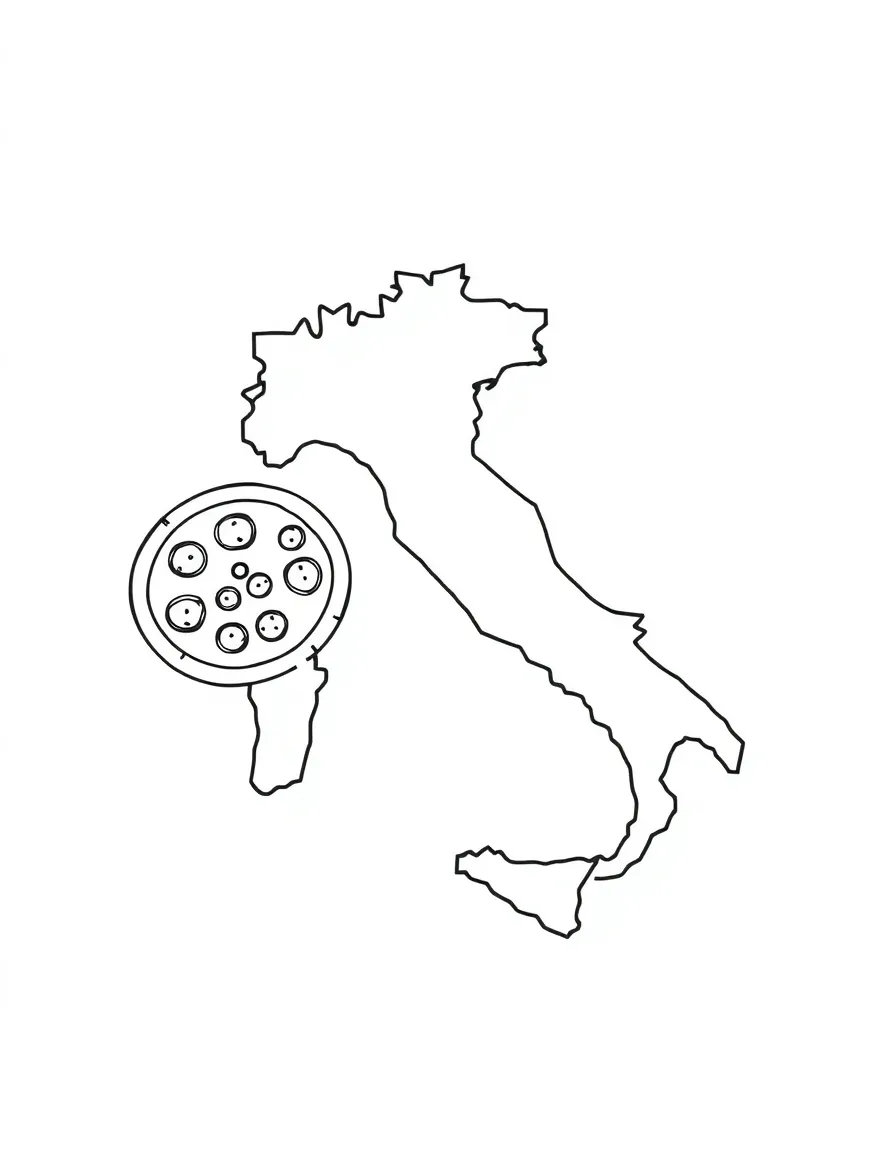 A small pizza, a simple outline map of Italy, and the word "Italy"