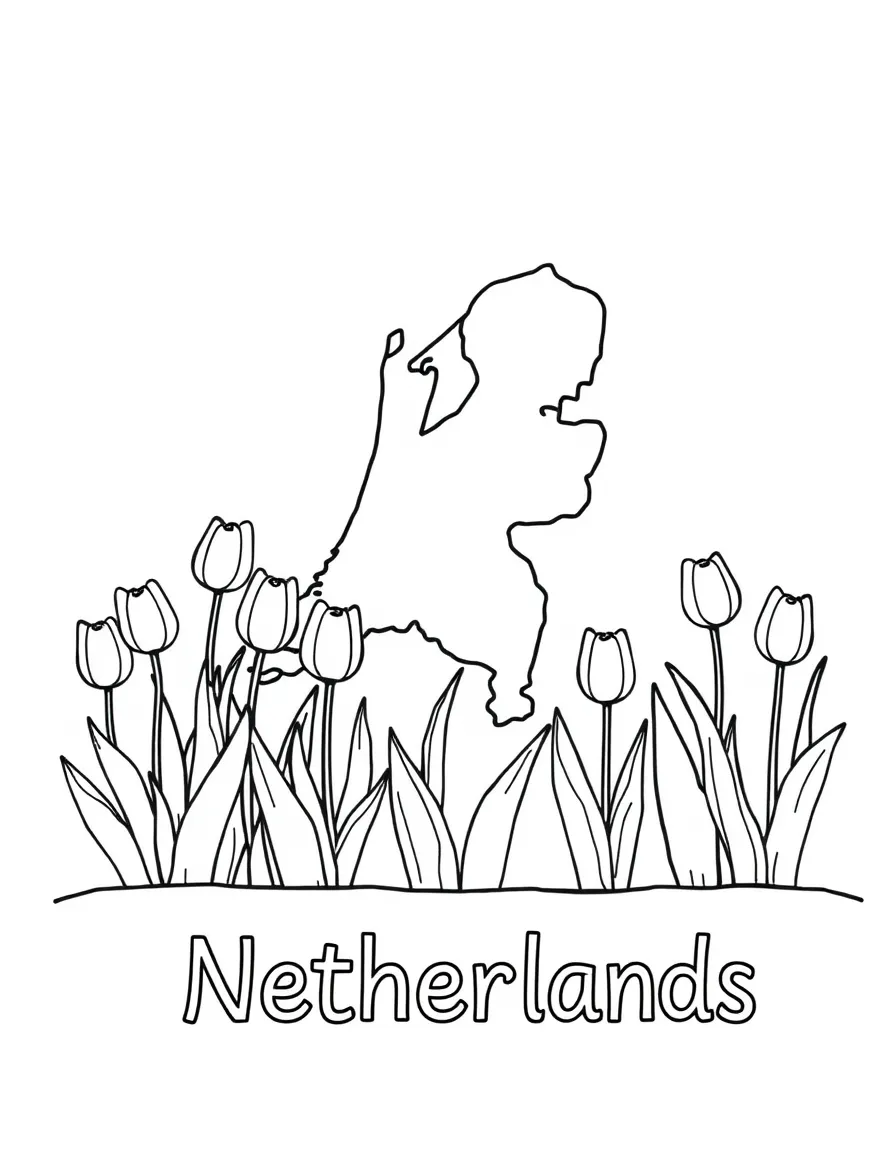 A cute tulip garden, a simple outline map of Netherlands, and the word "Netherlands"