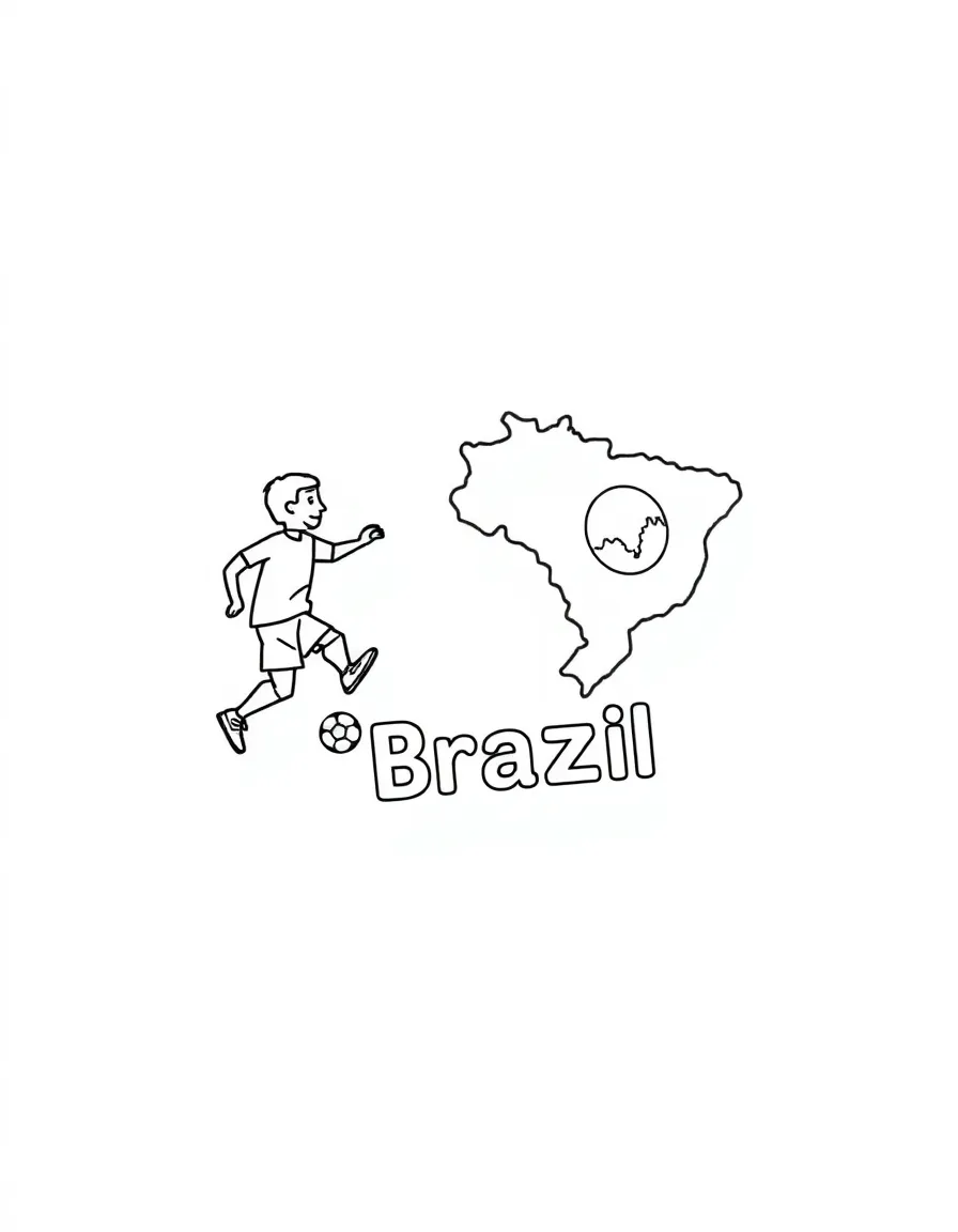 A small soccer player, a simple outline map of Brazil, and the word "Brazil"