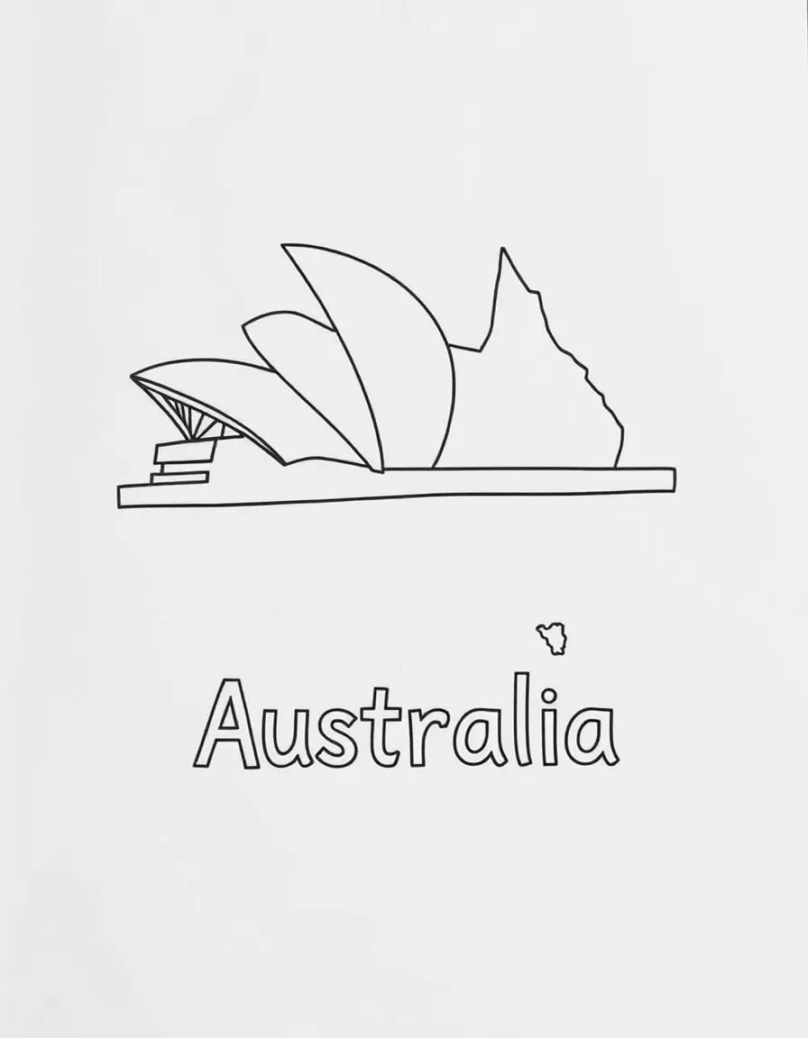 A friendly opera house, a simple outline map of Australia, and the word "Australia"