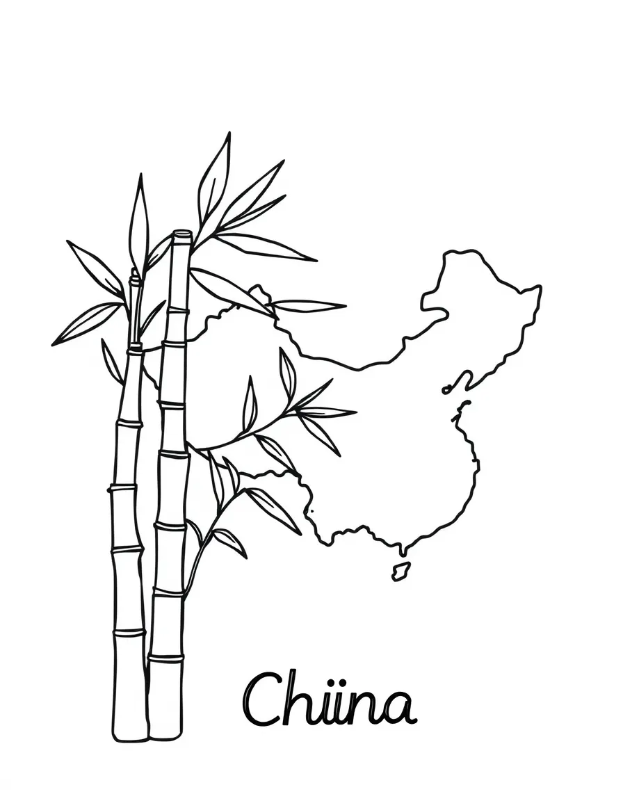 A cute bamboo, a simple outline map of China, and the word "China"
