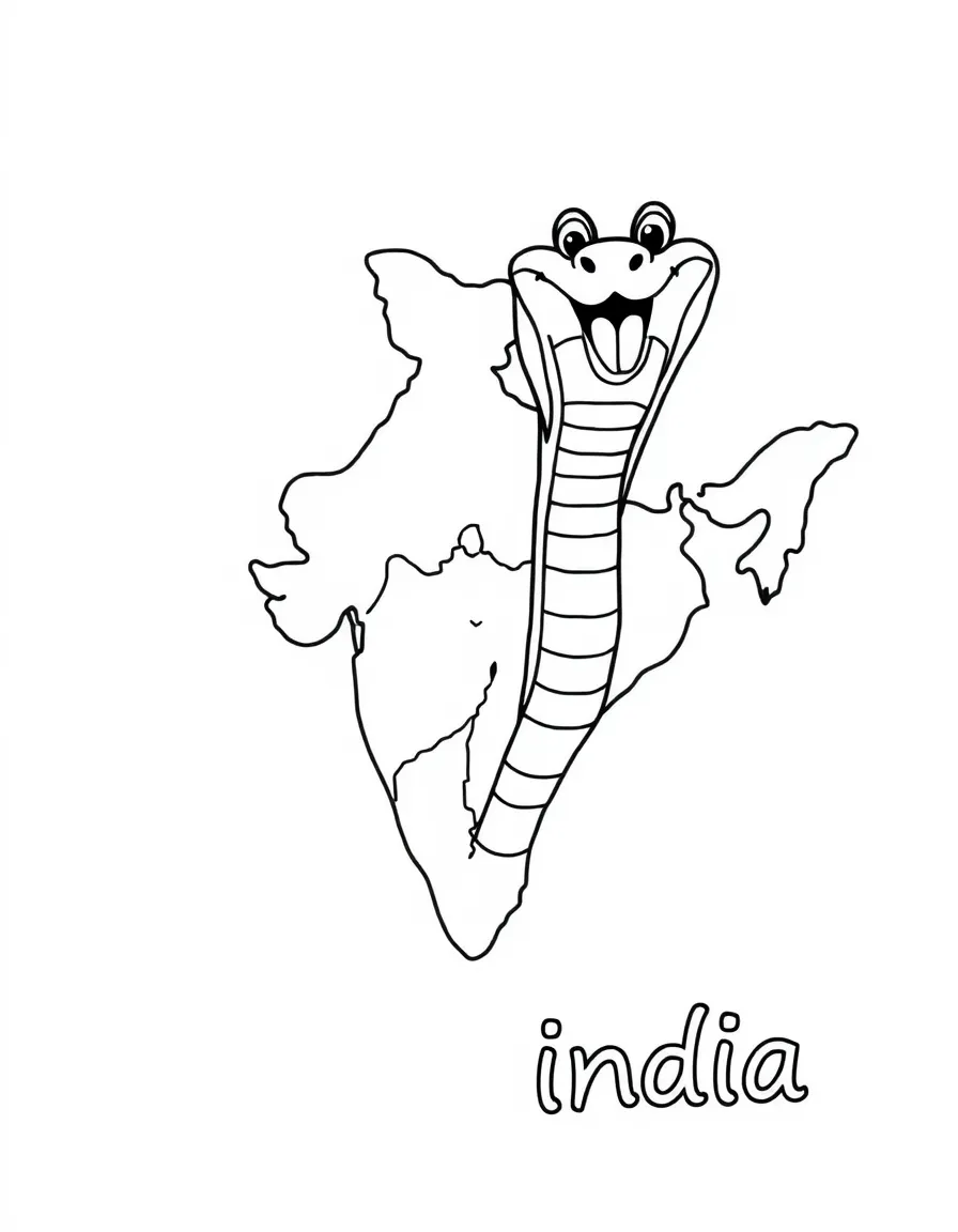 A happy cobra, a simple outline map of India, and the word "India"