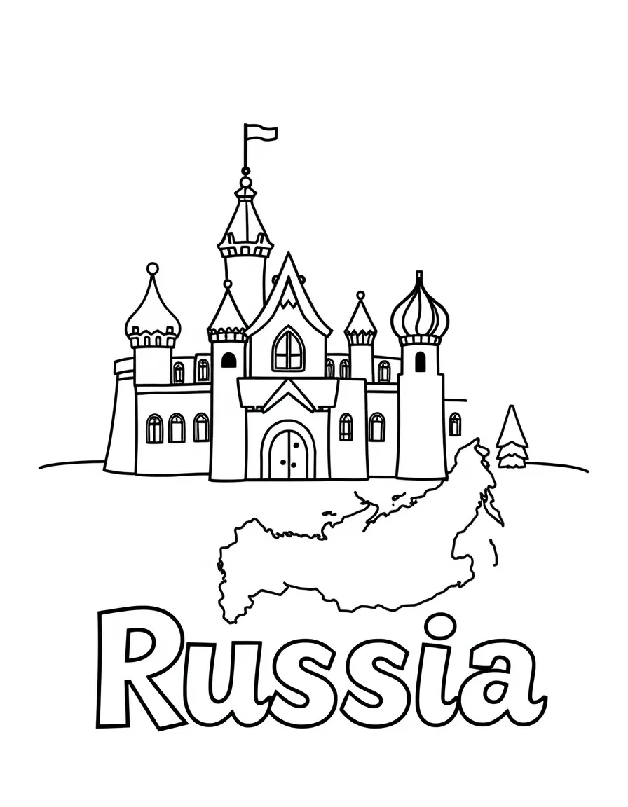 A friendly ice palace, a simple outline map of Russia, and the word "Russia"