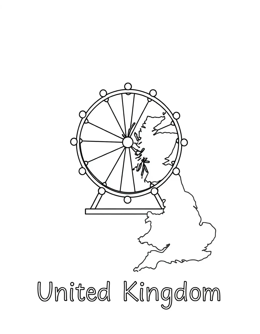 A happy London Eye, a simple outline map of United Kingdom, and the word "United Kingdom"