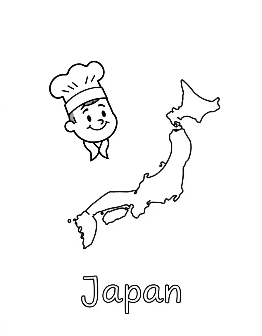 A small sushi chef, a simple outline map of Japan, and the word "Japan"
