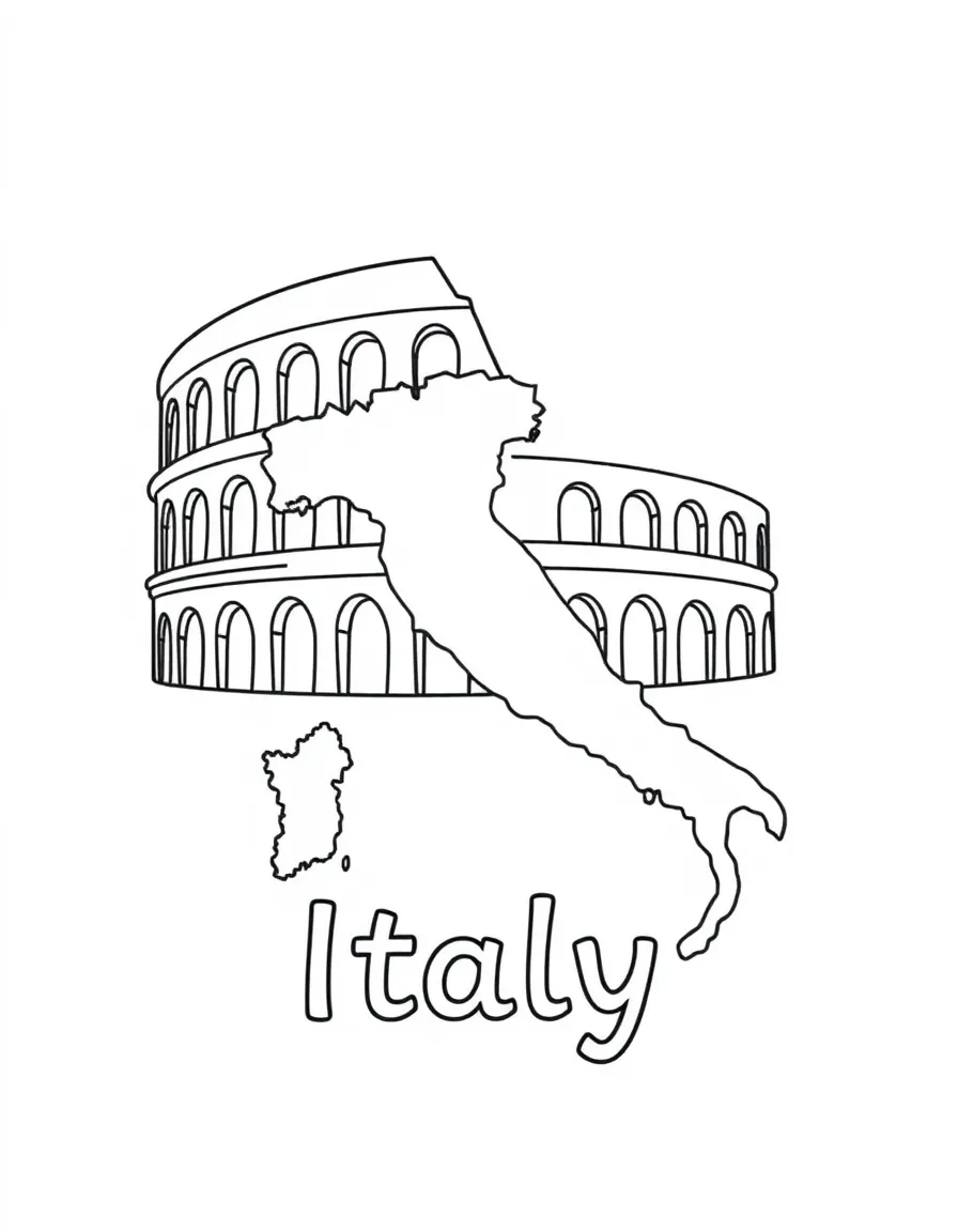 A friendly Coliseum, a simple outline map of Italy, and the word "Italy"