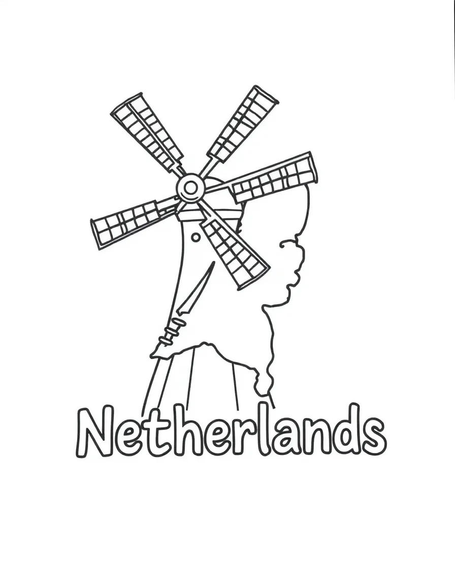 A happy windmill blade, a simple outline map of Netherlands, and the word "Netherlands"