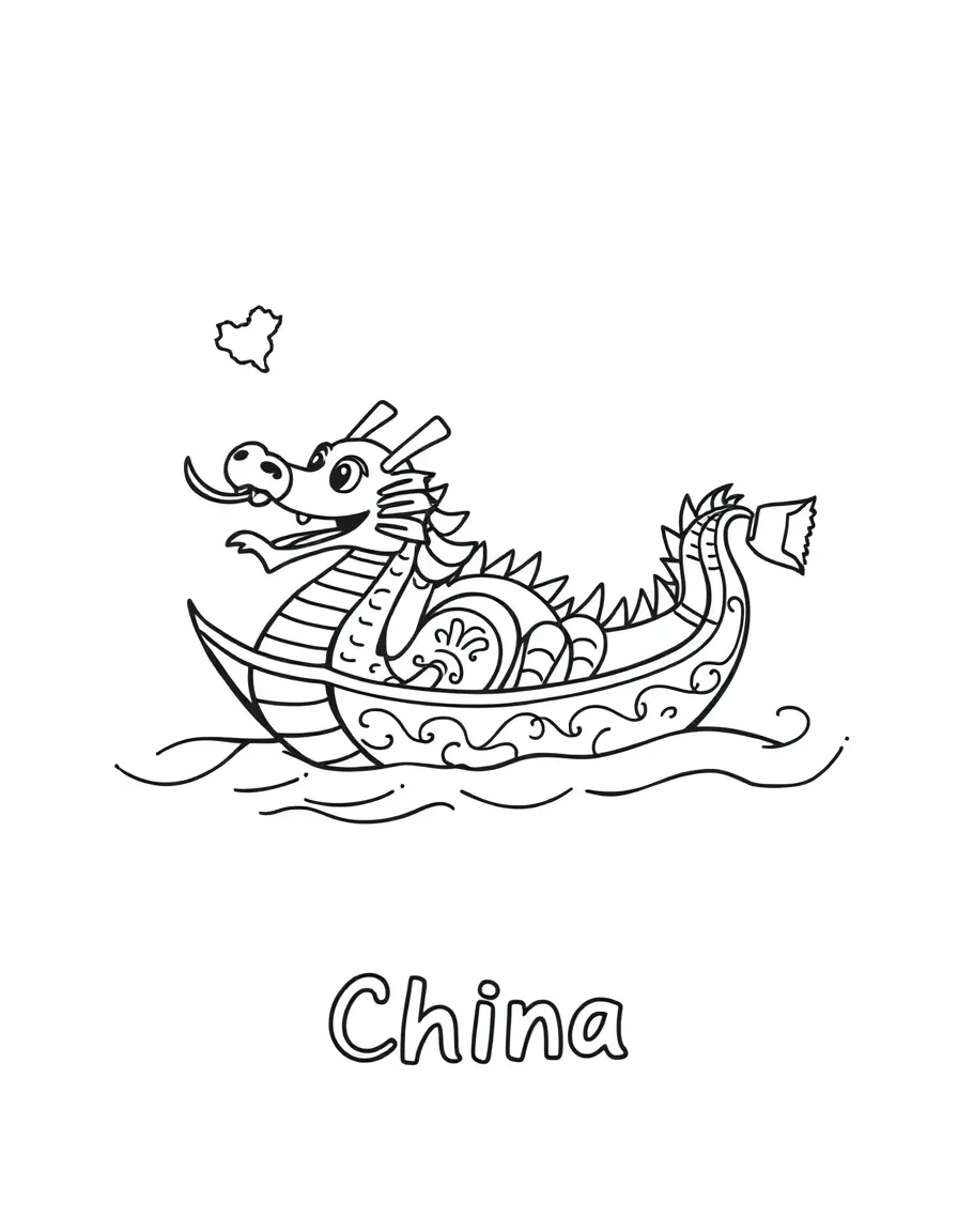 A happy dragon boat, a simple outline map of China, and the word "China"
