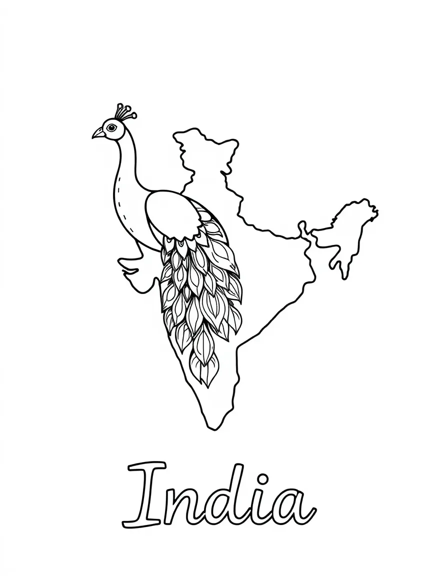 A small peacock, a simple outline map of India, and the word "India"