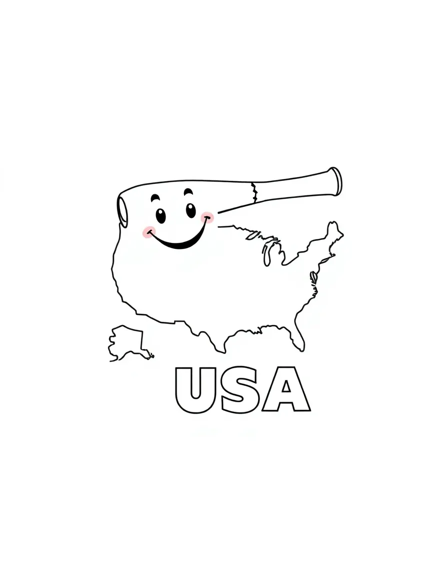 A friendly baseball bat, a simple outline map of USA, and the word "USA"