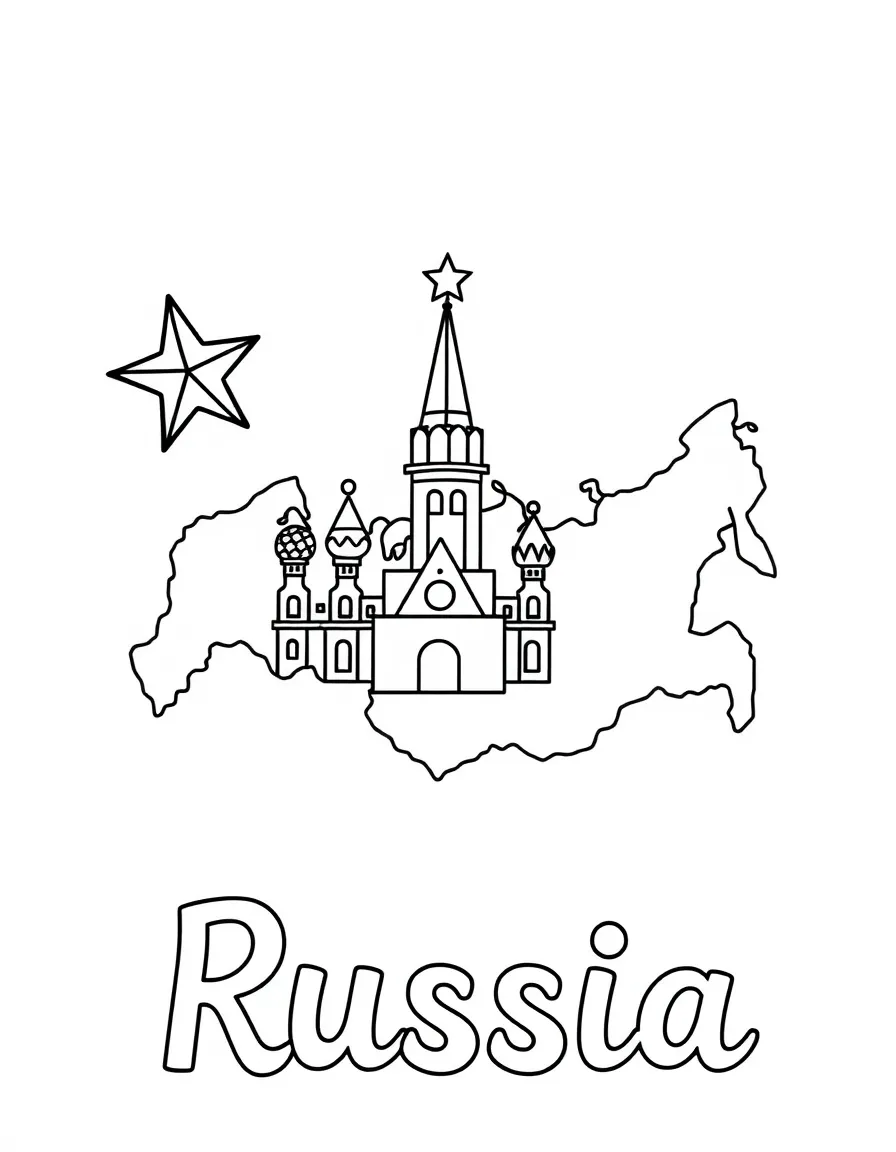 A cute Kremlin star, a simple outline map of Russia, and the word "Russia"