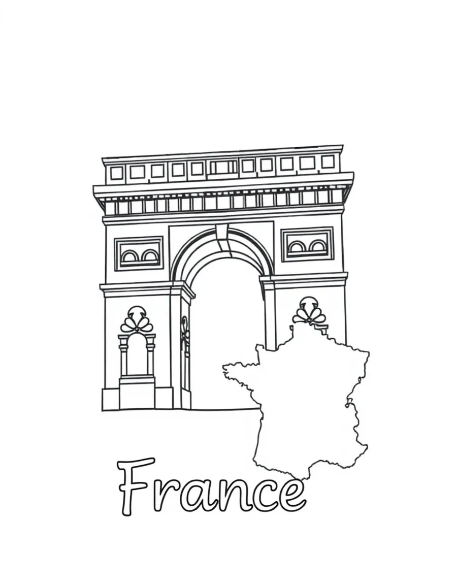 A happy Arc de Triomphe, a simple outline map of France, and the word "France"