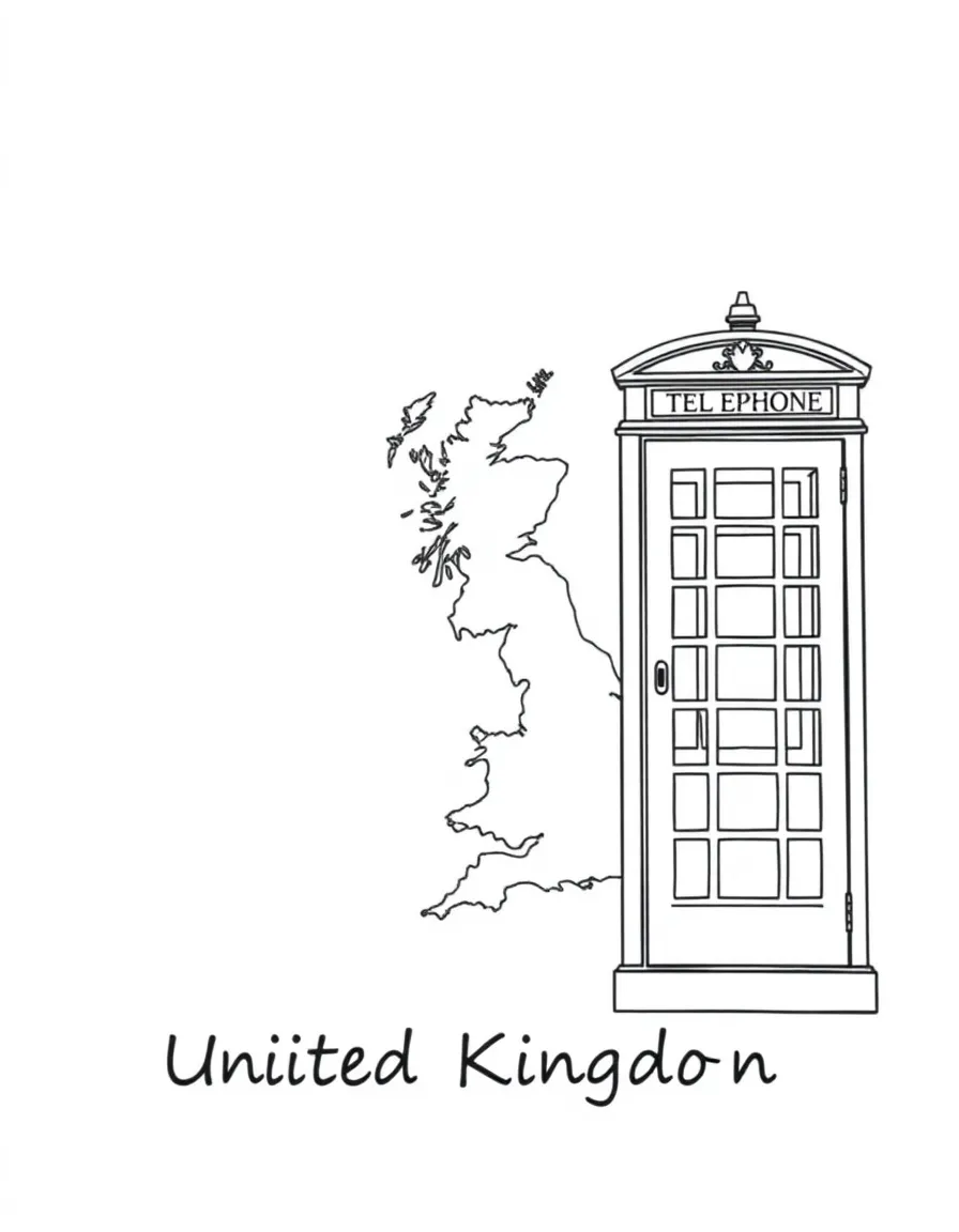 A small red phone booth, a simple outline map of United Kingdom, and the word "United Kingdom"