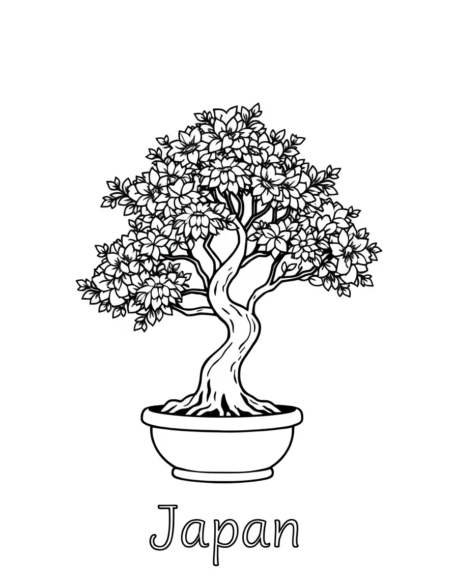 A friendly bonsai tree, a simple outline map of Japan, and the word "Japan"