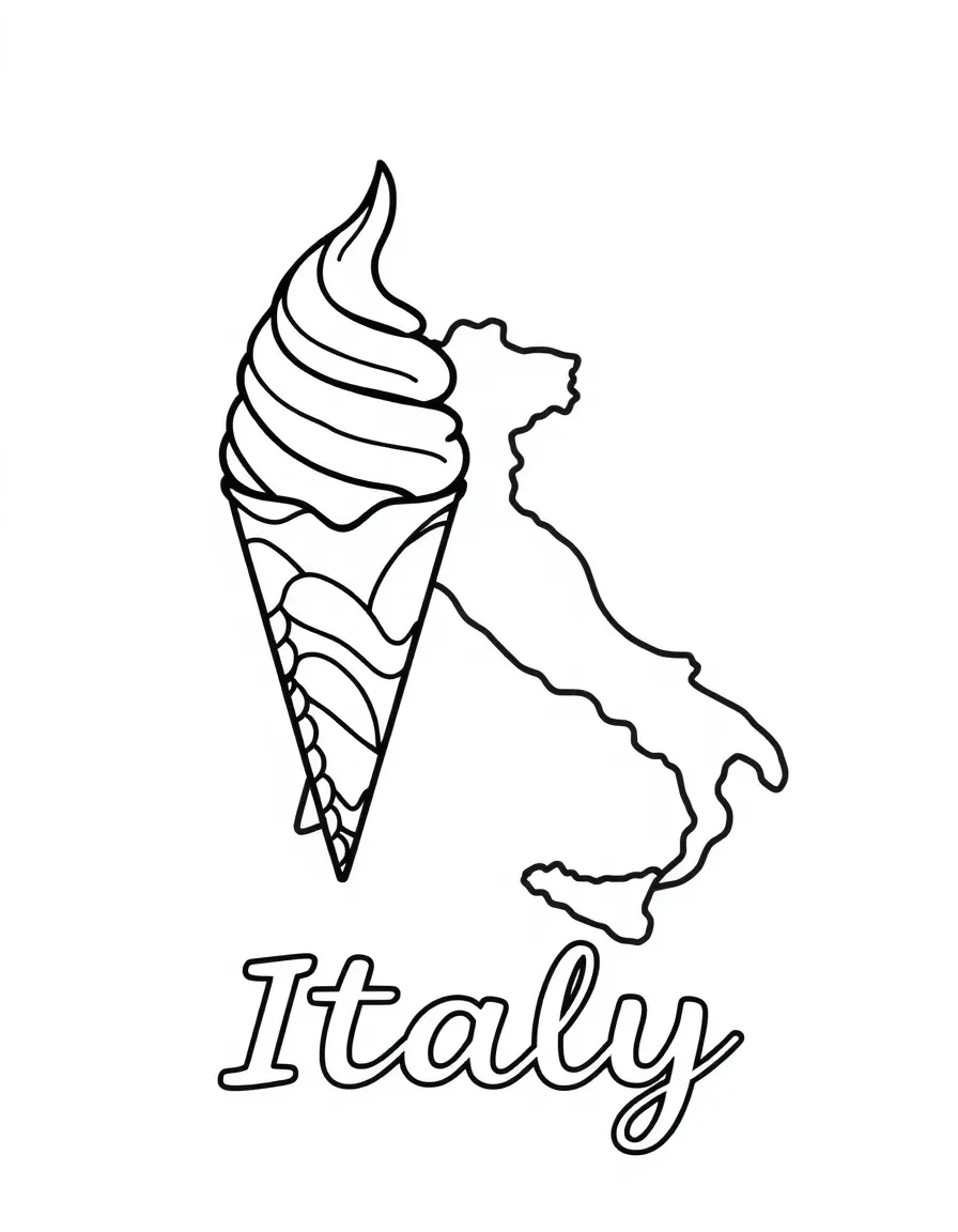 A cute gelato, a simple outline map of Italy, and the word "Italy"