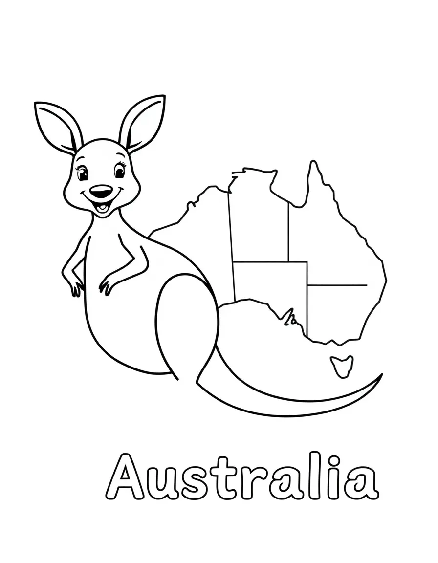 A happy kangaroo, a simple outline map of Australia, and the word "Australia"