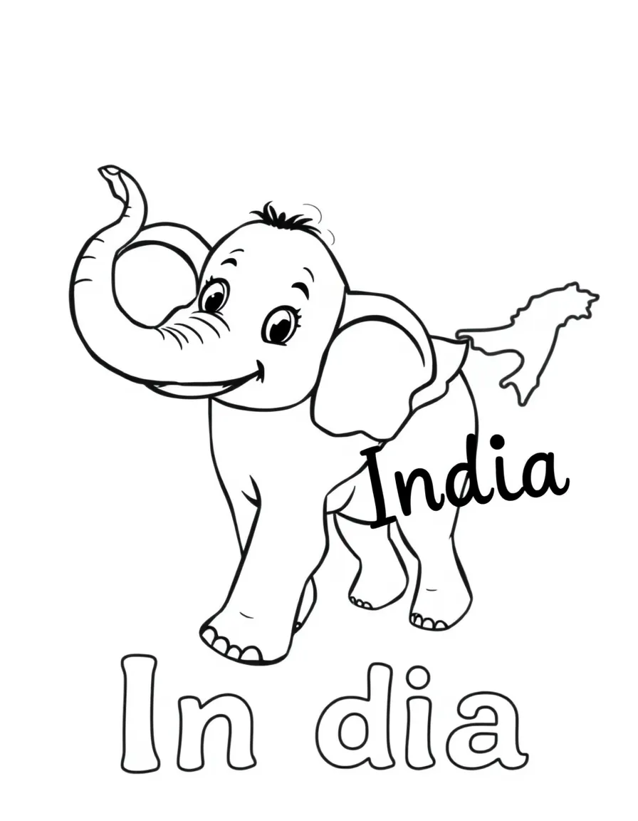A friendly elephant, a simple outline map of India, and the word "India"