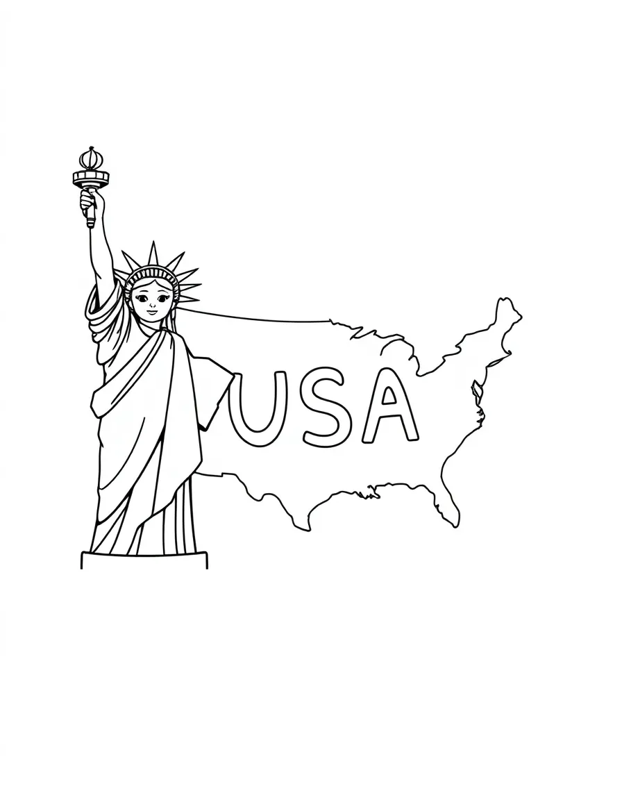 A cute Statue of Liberty, a simple outline map of USA, and the word "USA"