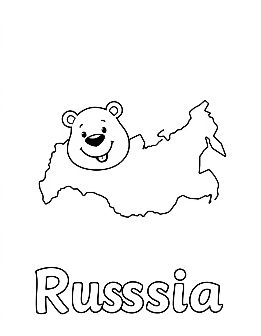 A happy bear, a simple outline map of Russia, and the word "Russia"
