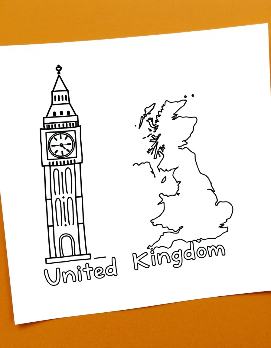 A friendly Big Ben, a simple outline map of United Kingdom, and the word "United Kingdom"