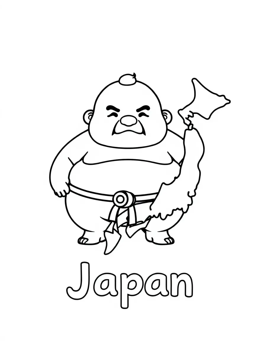 A cute sumo wrestler, a simple outline map of Japan, and the word "Japan"