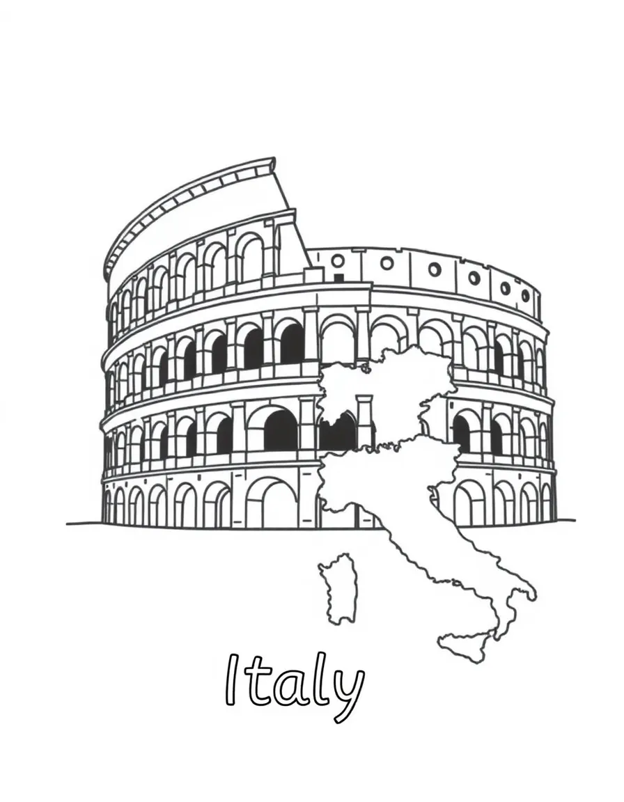 A happy Colosseum, a simple outline map of Italy, and the word "Italy"