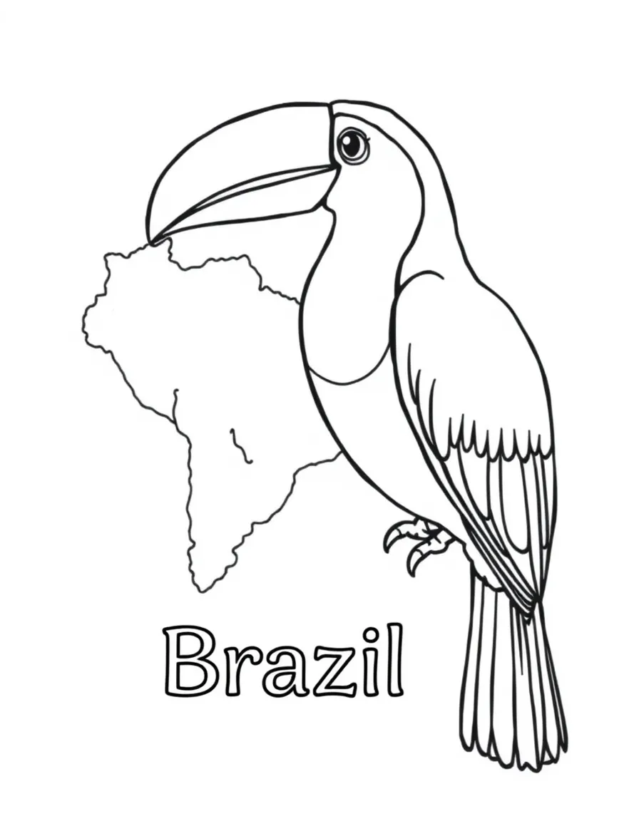 A happy toucan, a simple outline map of Brazil, and the word "Brazil"