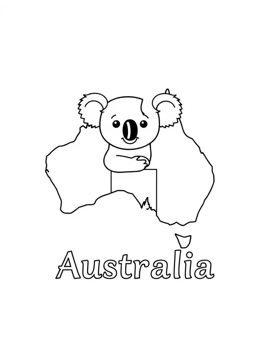 A small koala, a simple outline map of Australia, and the word "Australia"