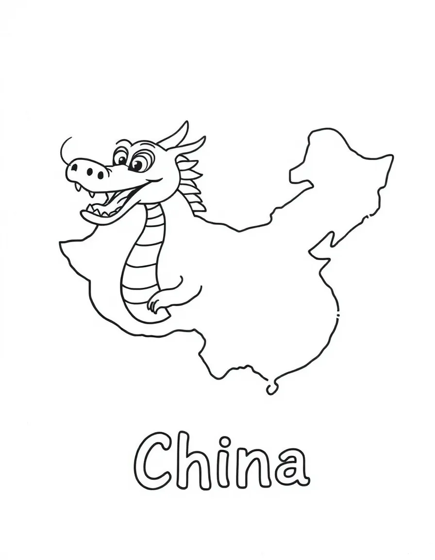 A friendly dragon, a simple outline map of China, and the word "China"