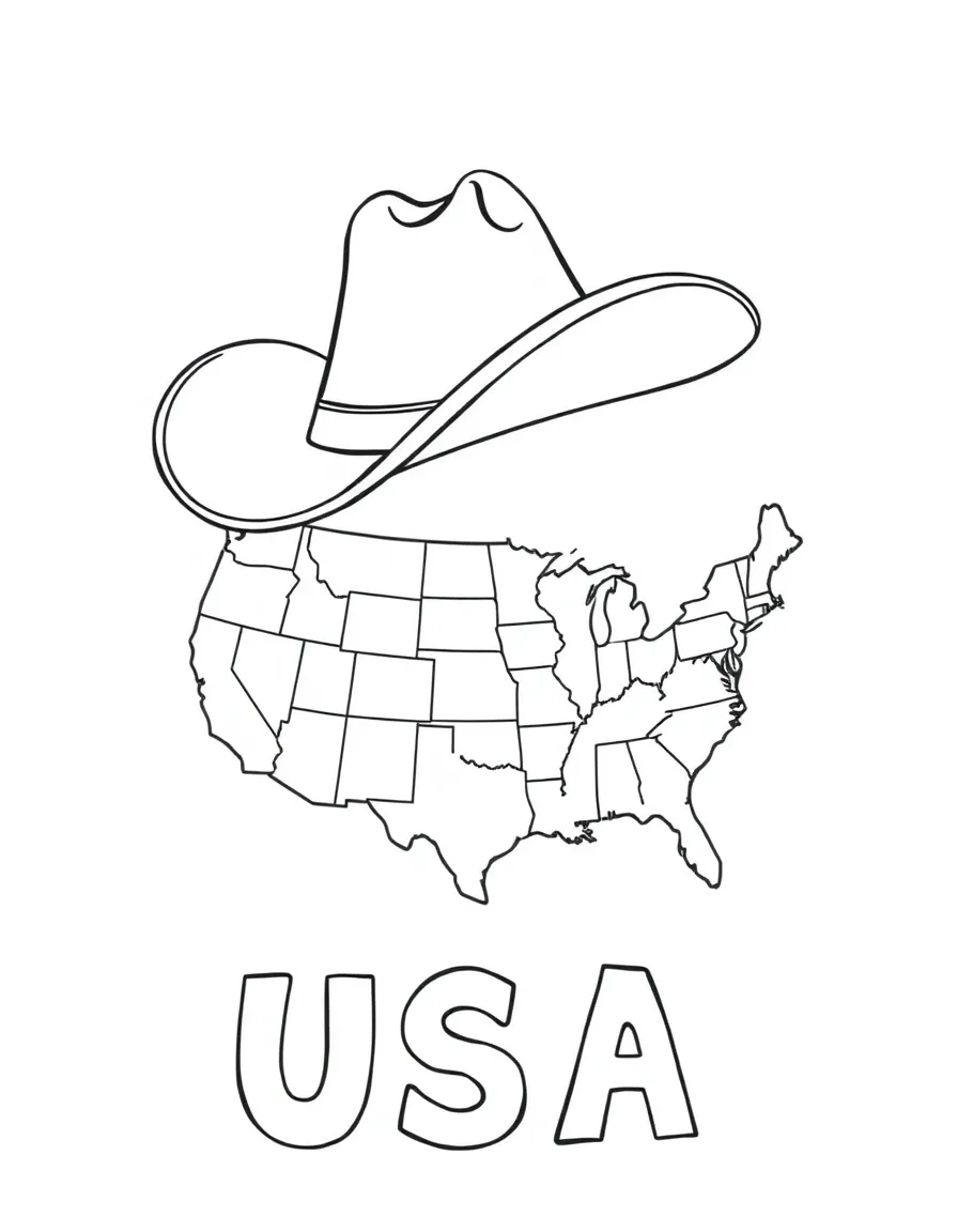 A happy cowboy hat, a simple outline map of USA, and the word "USA"