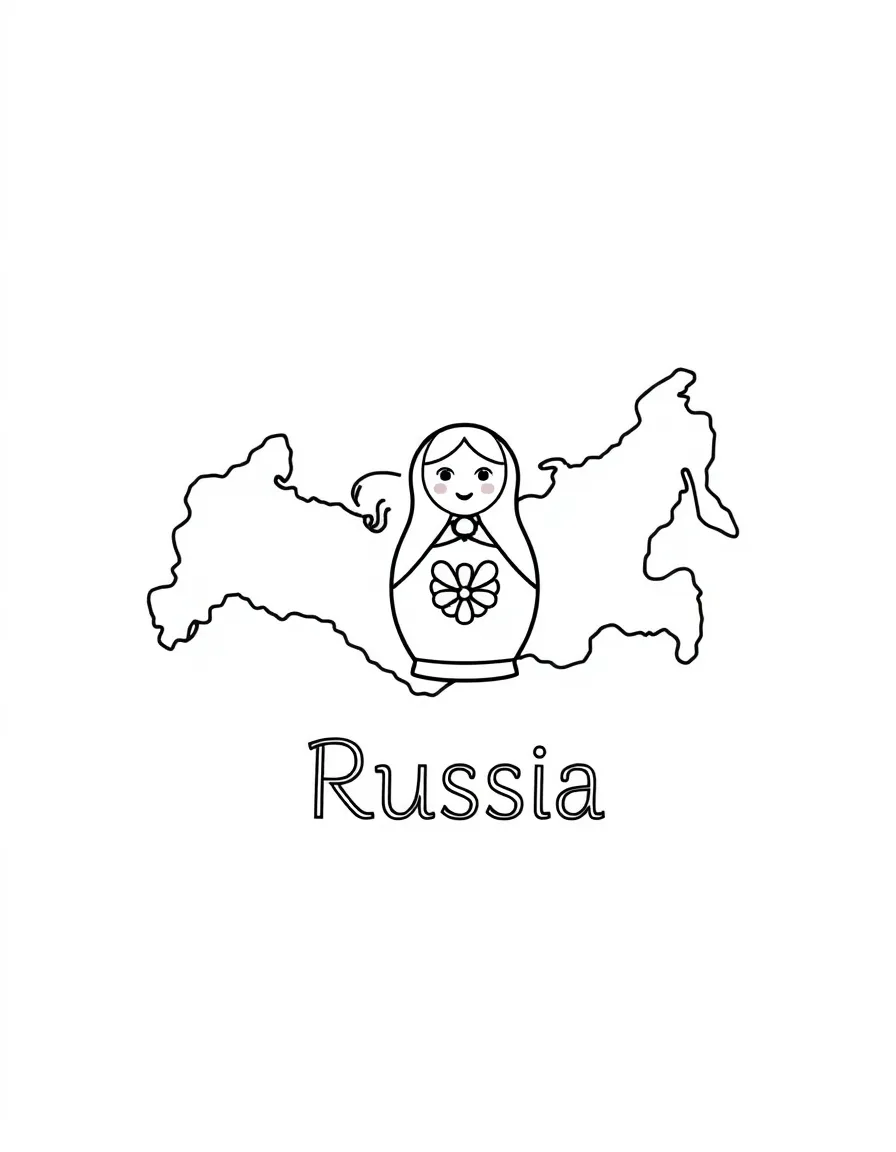 A small matryoshka doll, a simple outline map of Russia, and the word "Russia"