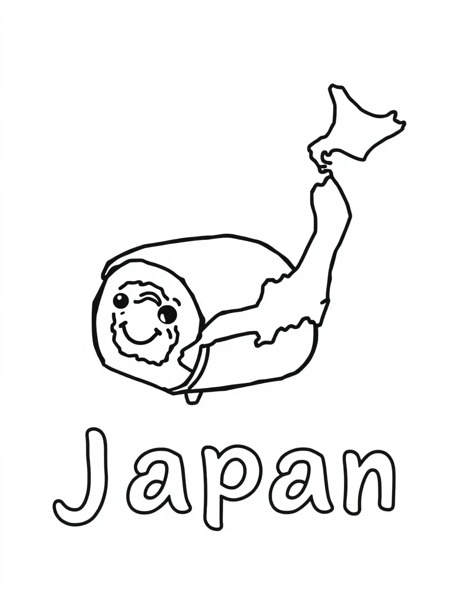 A happy sushi roll, a simple outline map of Japan, and the word "Japan"