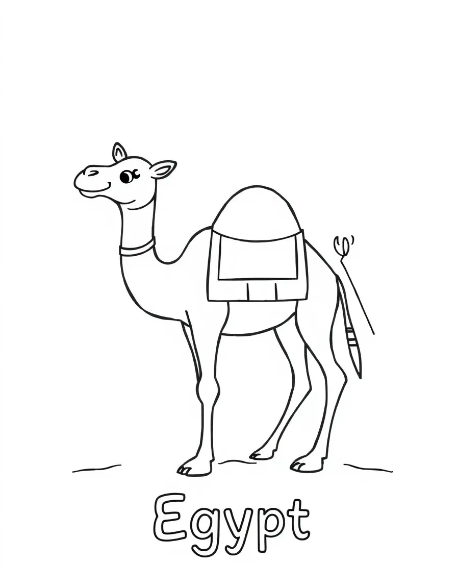 A friendly camel, a simple outline map of Egypt, and the word "Egypt"