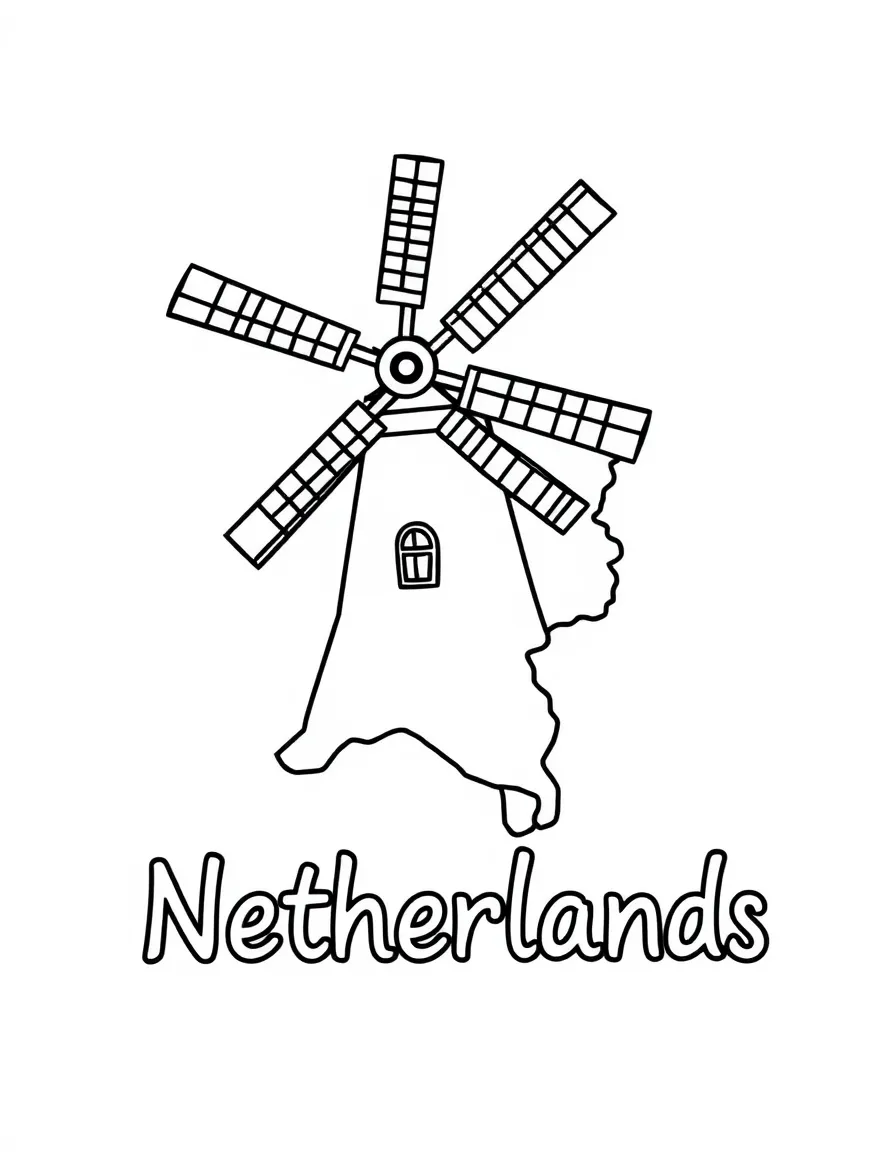 A cute windmill, a simple outline map of Netherlands, and the word "Netherlands"