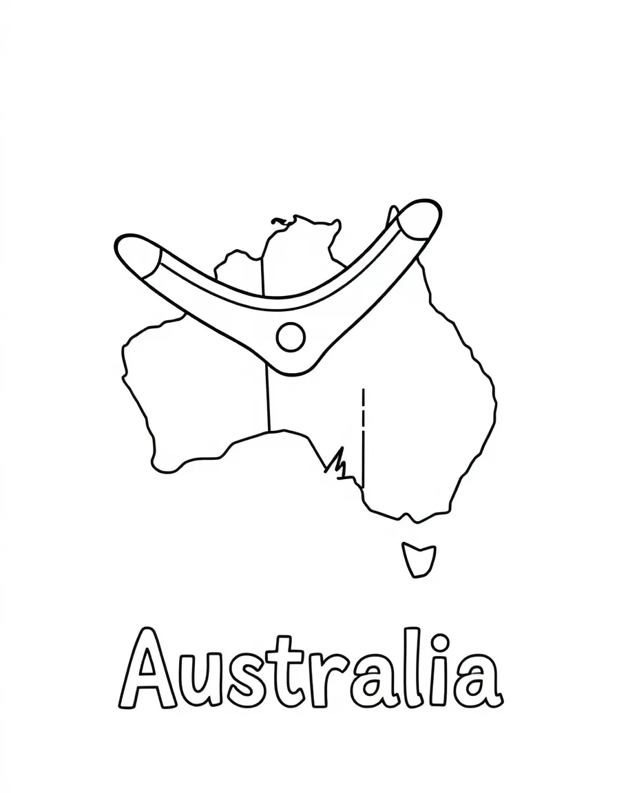 A friendly boomerang, a simple outline map of Australia, and the word "Australia"