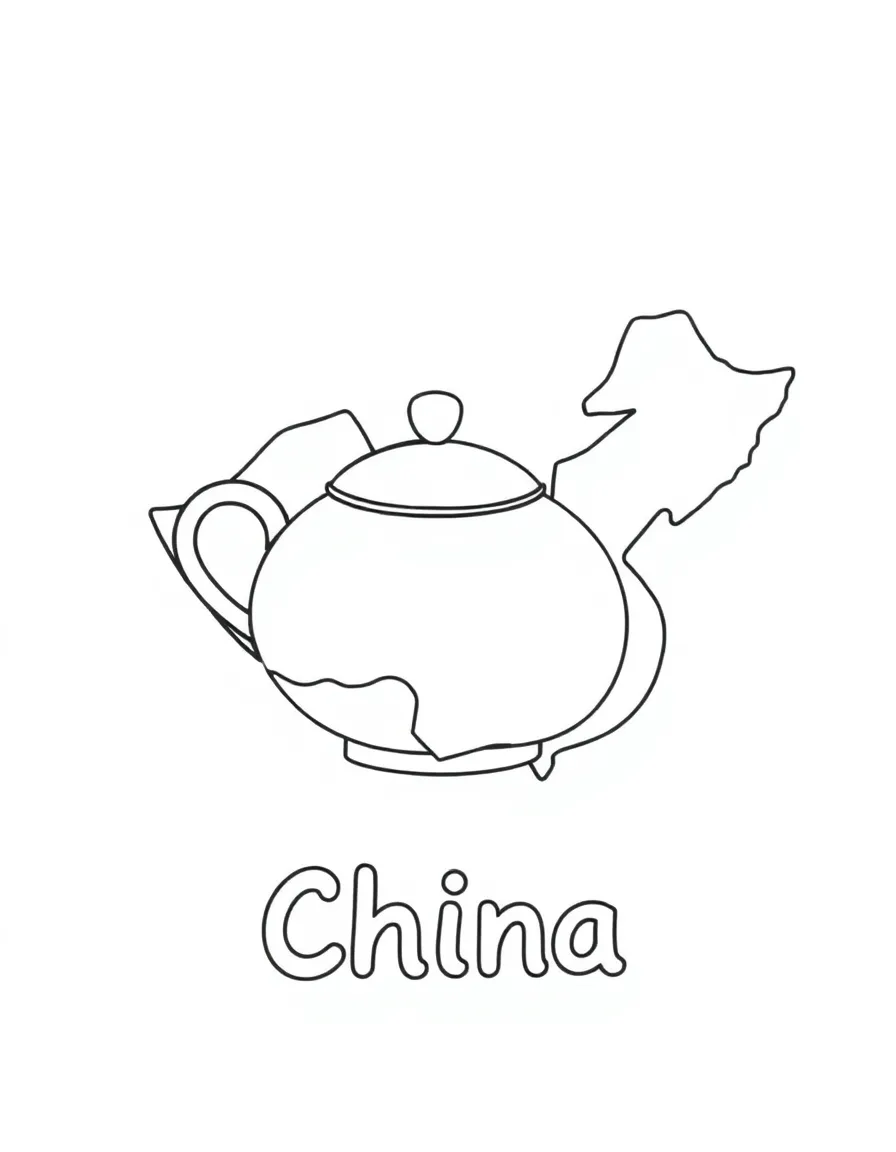 A cute teapot, a simple outline map of China, and the word "China"