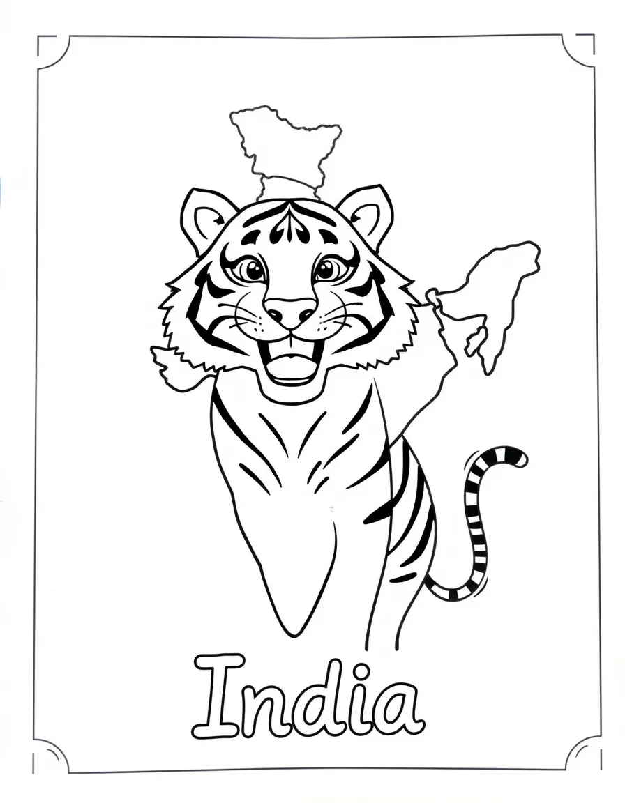 A happy tiger, a simple outline map of India, and the word "India"
