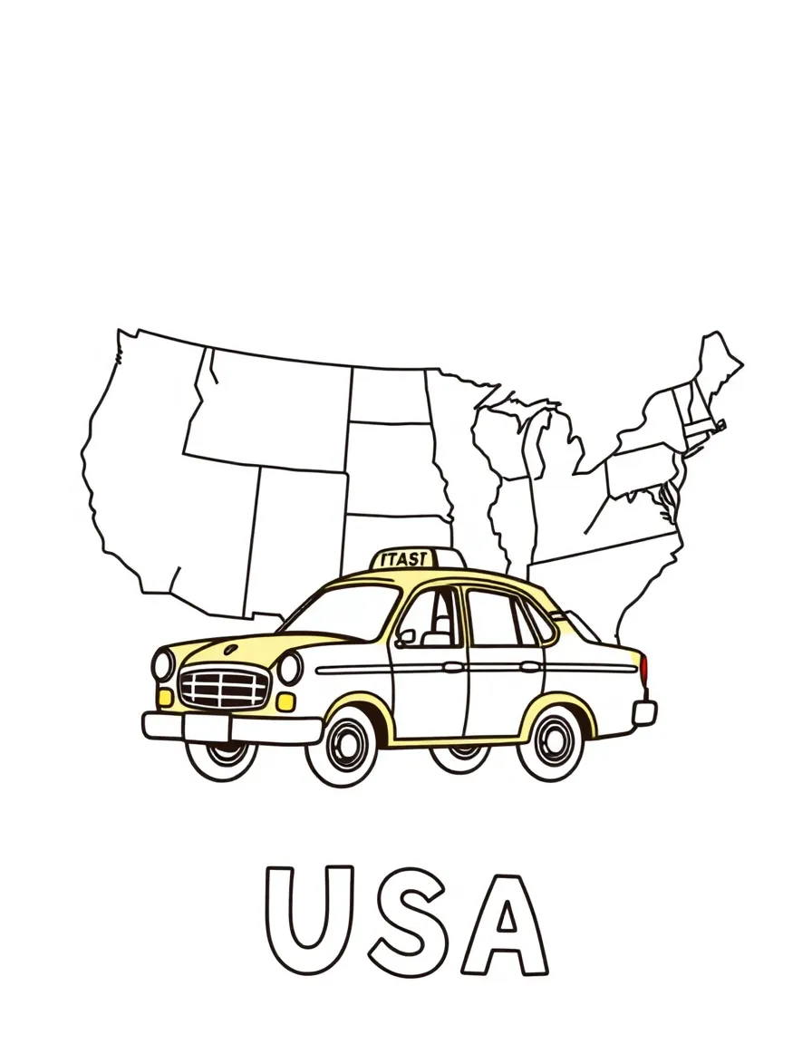 A small yellow cab, a simple outline map of USA, and the word "USA"