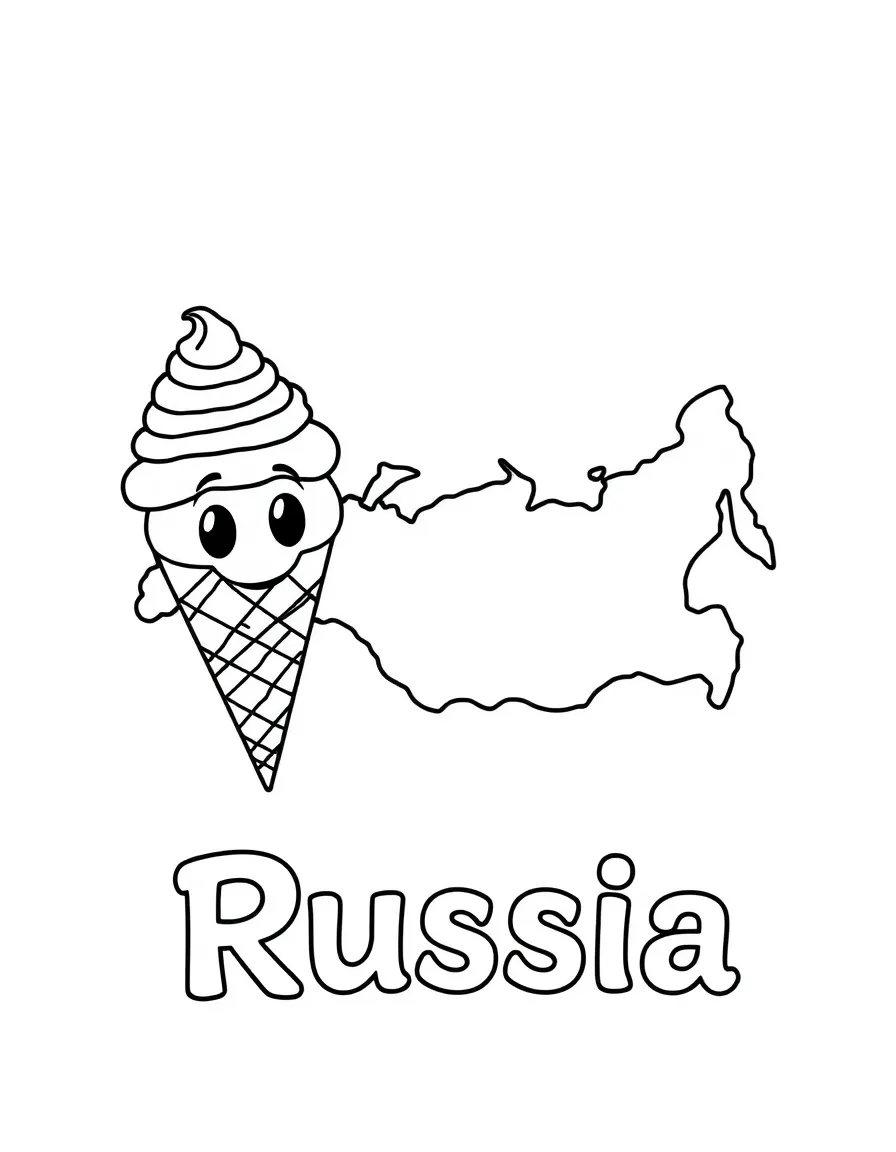 A friendly ice cream cone, a simple outline map of Russia, and the word "Russia"