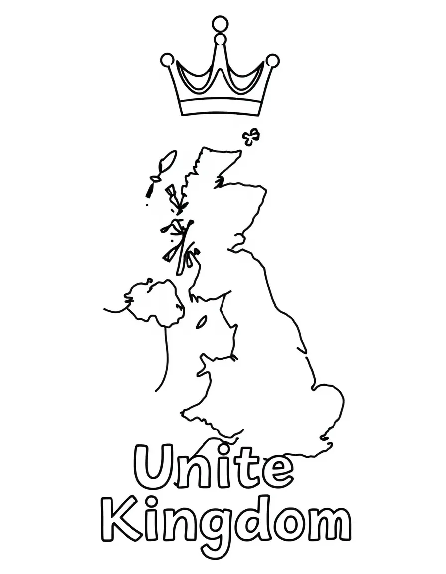 A happy crown, a simple outline map of United Kingdom, and the word "United Kingdom"