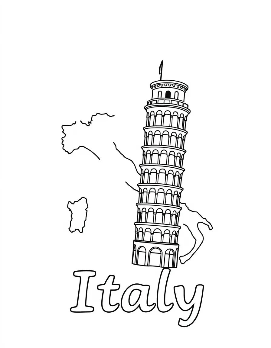 A friendly leaning tower, a simple outline map of Italy, and the word "Italy"