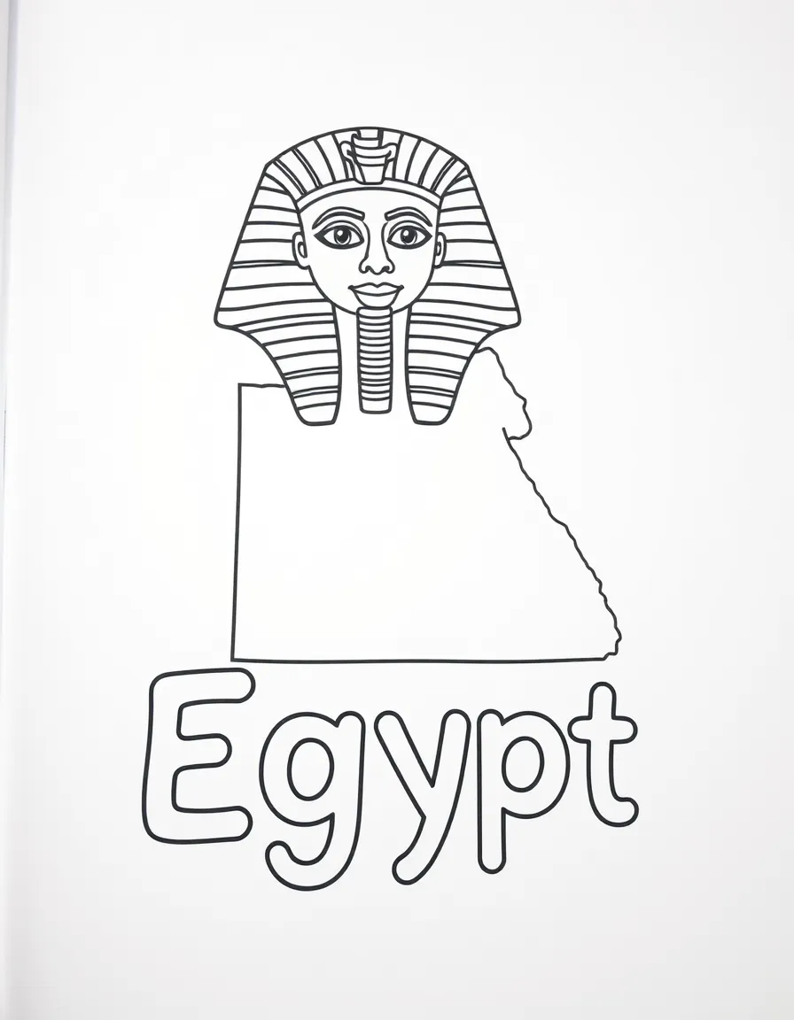 A cute pharaoh mask, a simple outline map of Egypt, and the word "Egypt"