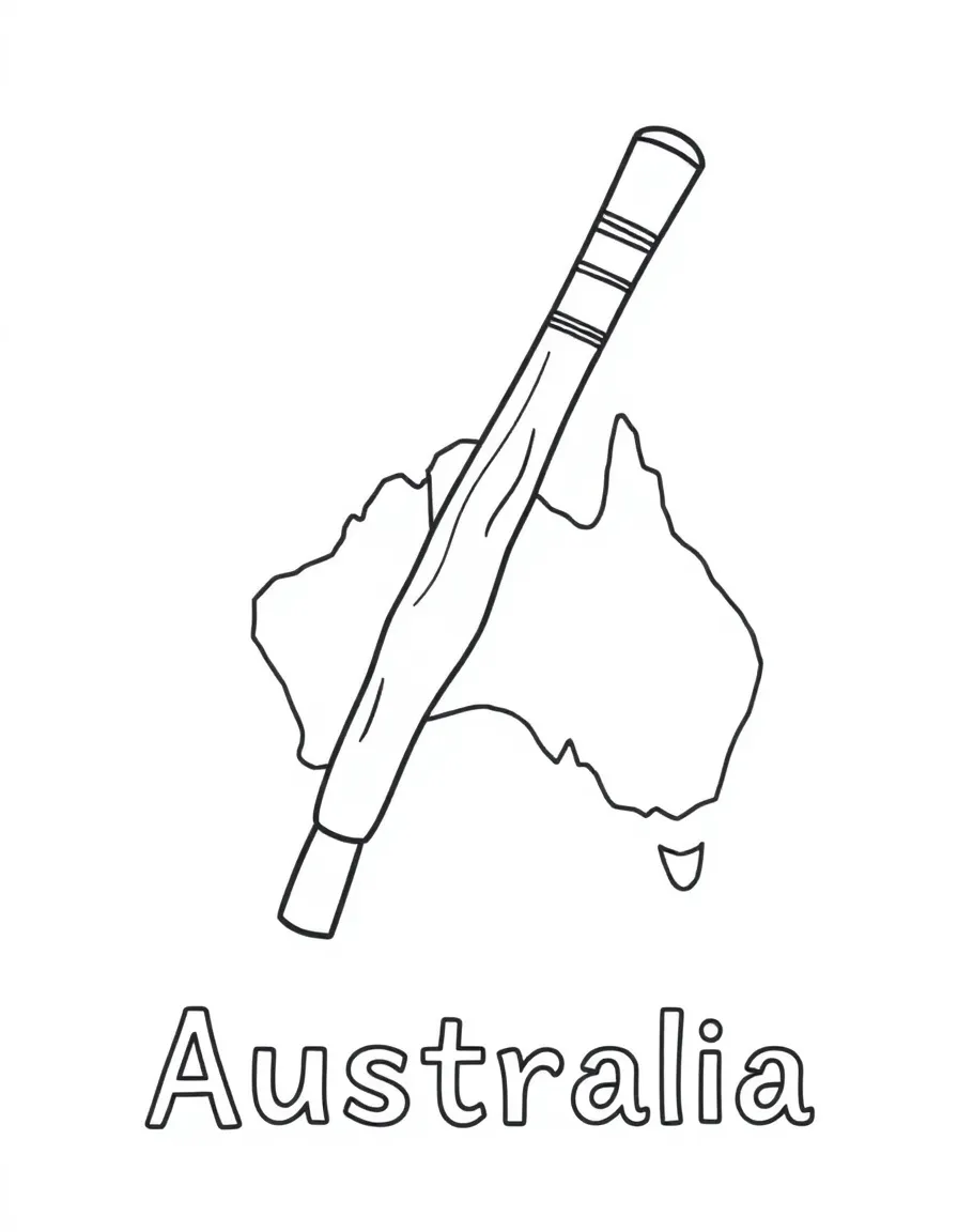 A cute didgeridoo, a simple outline map of Australia, and the word "Australia"