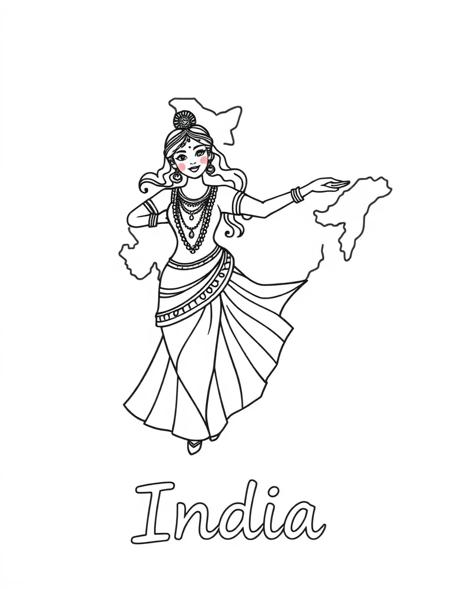 A small Bollywood dancer, a simple outline map of India, and the word "India"