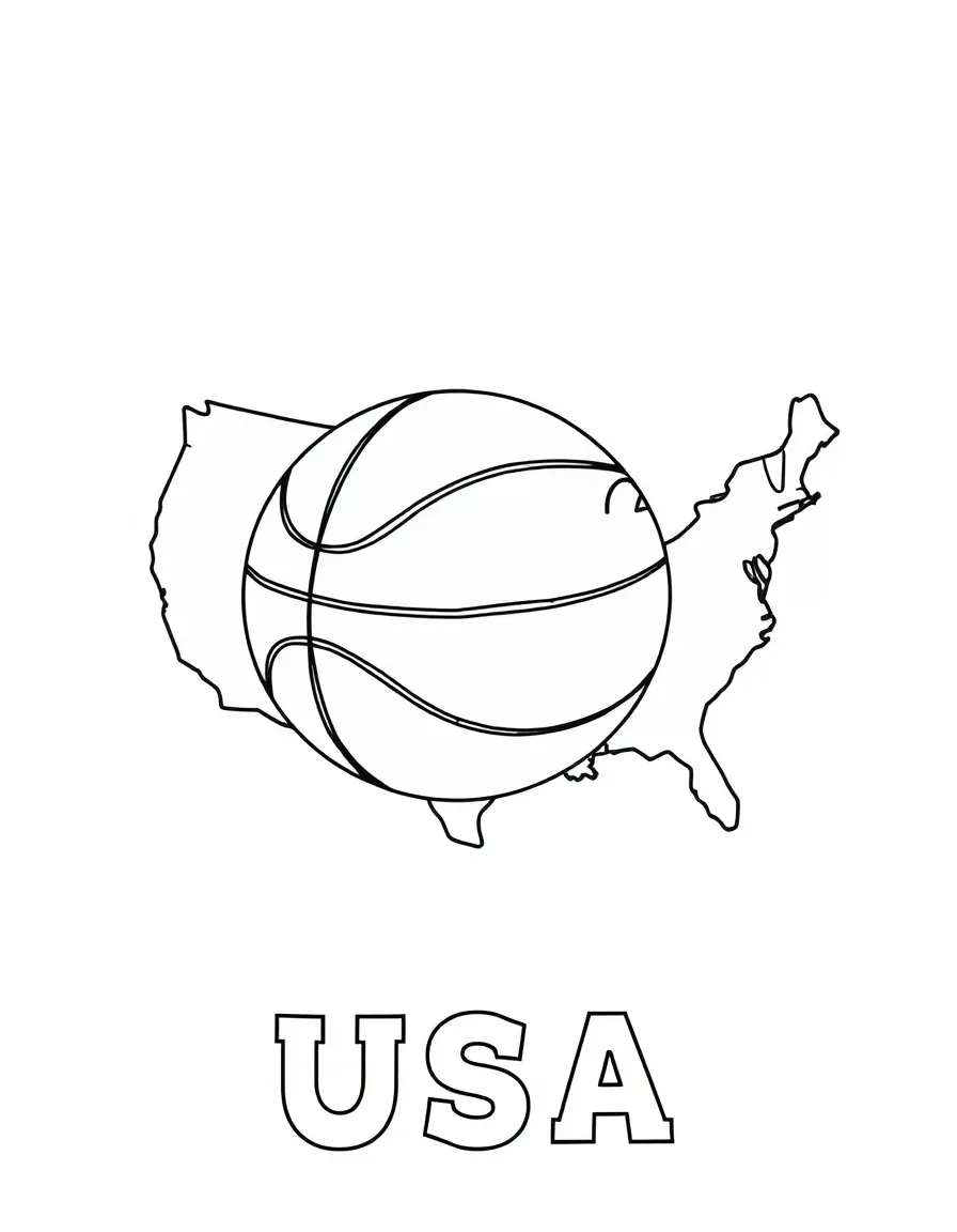 A friendly basketball, a simple outline map of USA, and the word "USA"