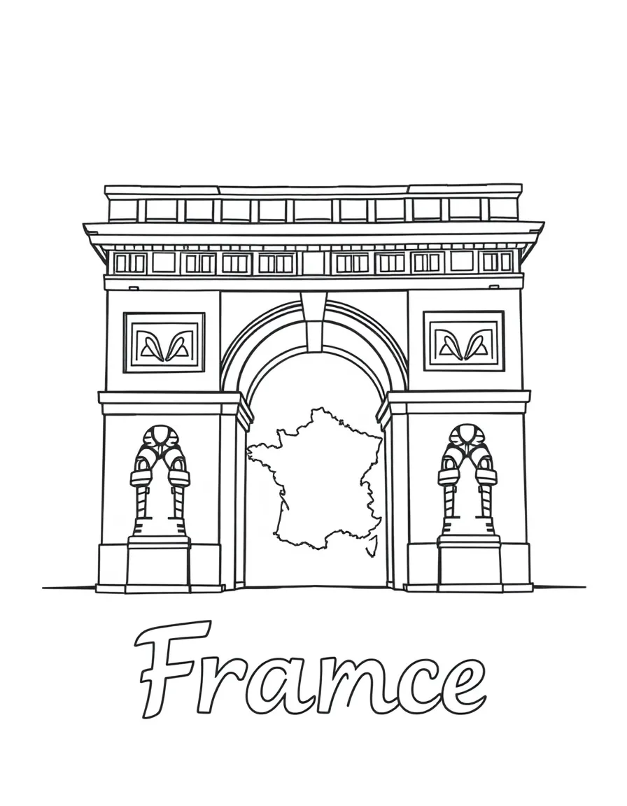 A happy Arc de Triomphe, a simple outline map of France, and the word "France"