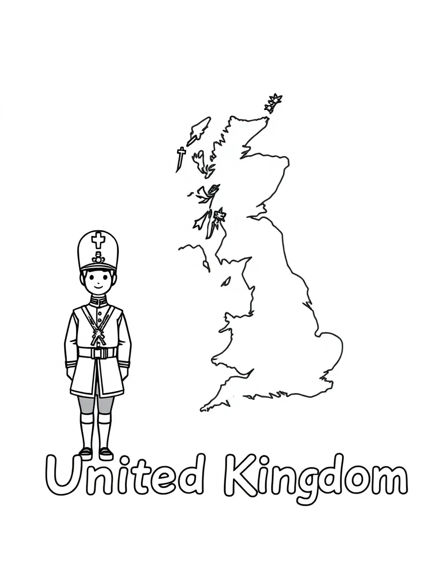 A small guard, a simple outline map of United Kingdom, and the word "United Kingdom"