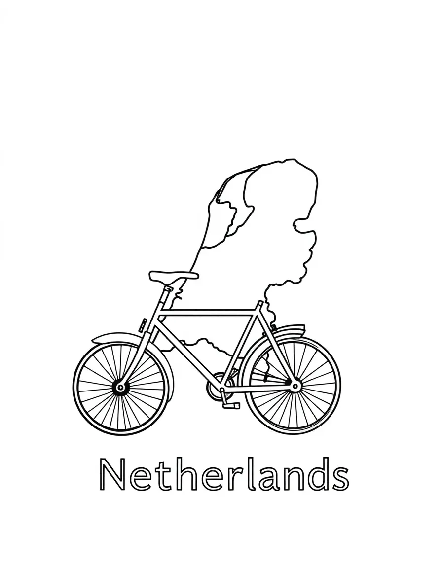 A small bicycle, a simple outline map of Netherlands, and the word "Netherlands"