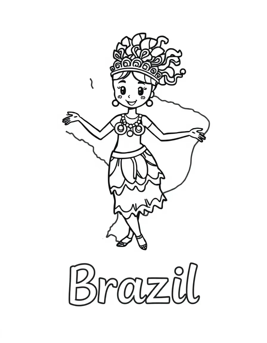 A cute samba dancer, a simple outline map of Brazil, and the word "Brazil"